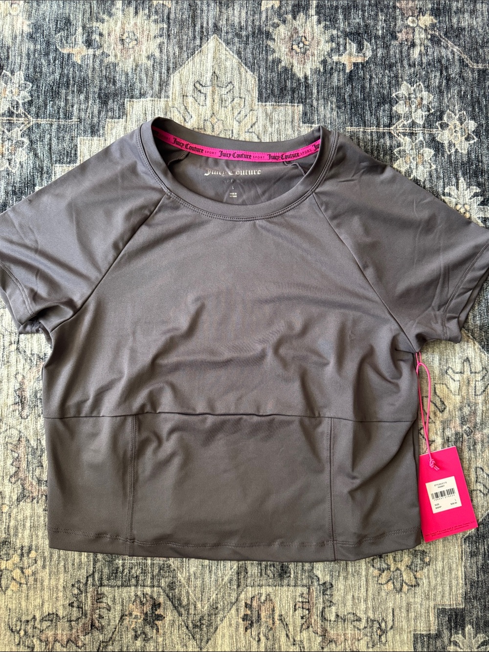Juicy Couture Gray Short-Sleeve Performance Crop Tee with Pink Accent